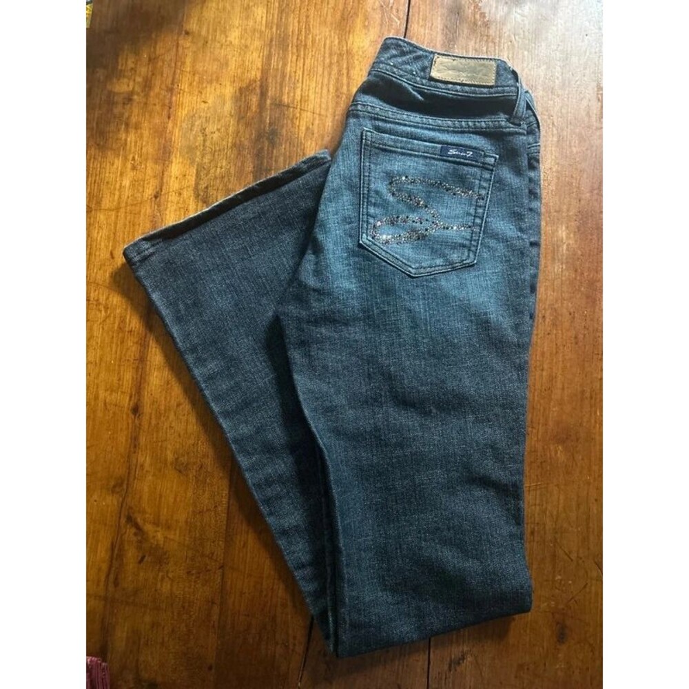 Seven7 Y2K Low Rise Flare Jeans 27x32 Bling Embellished Pockets Dark Wash